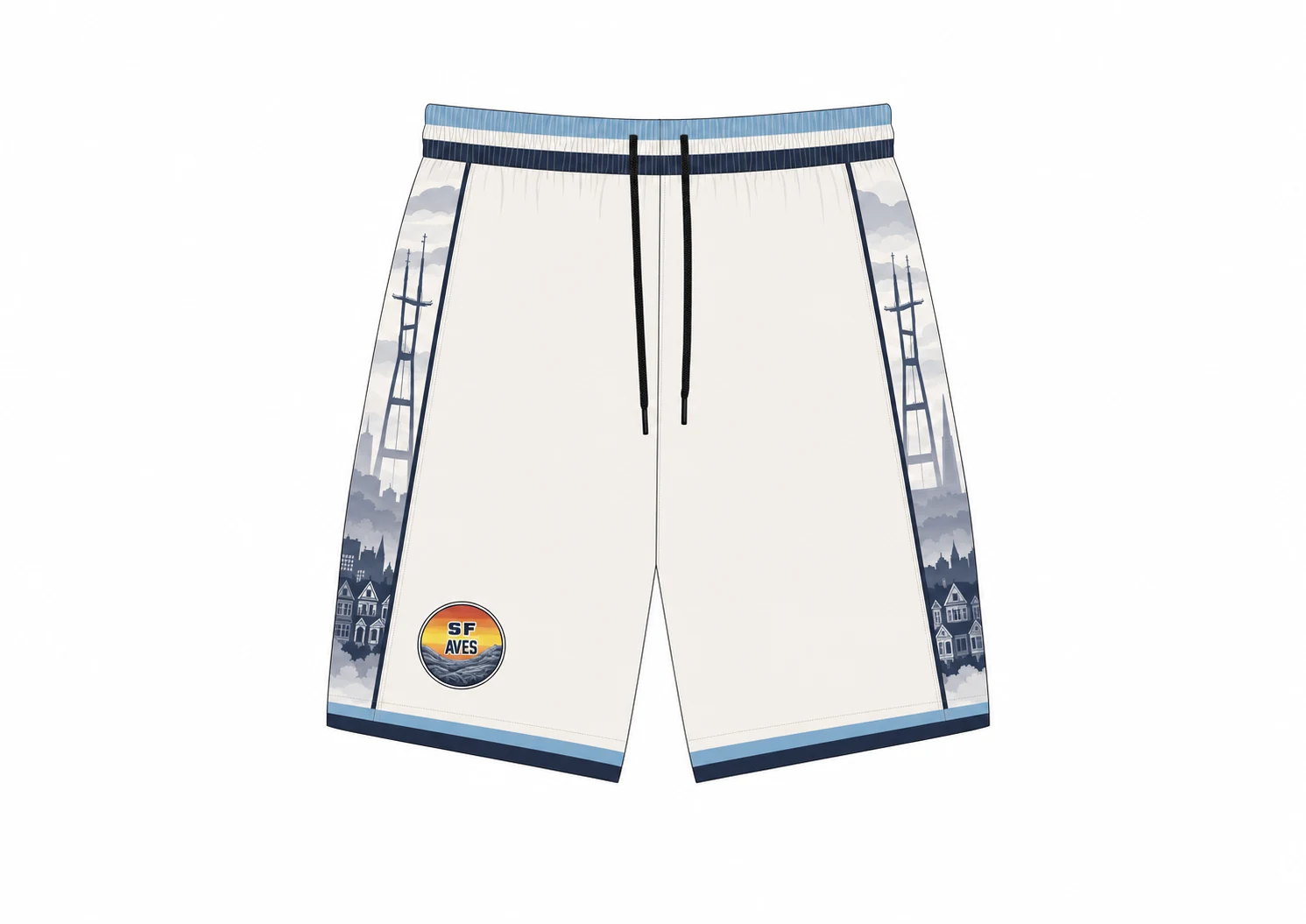 SF AVES fog kit shorts — parchment cream with Sutro Tower skyline